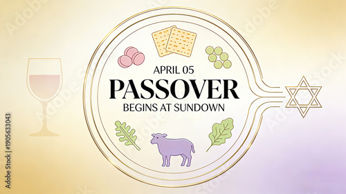 The golden line Passover tray is filled with symbolic ingredients, highlighting traditional rituals and visual design for Jewish festival science popularization and community celebration activities
