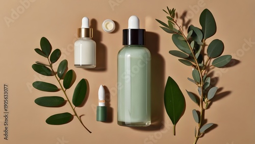 Flat Lay of Natural Organic Skincare Products on Beige Background
