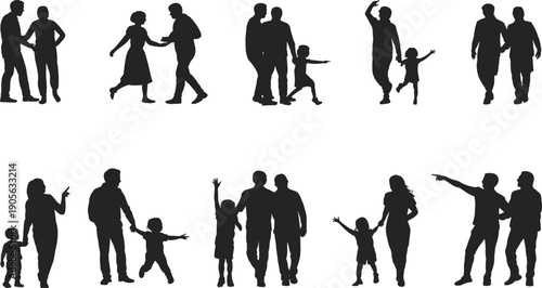 Family interaction silhouettes showing parents and children walking, talking, playing together, love, bonding, lifestyle moments, minimal black white illustration