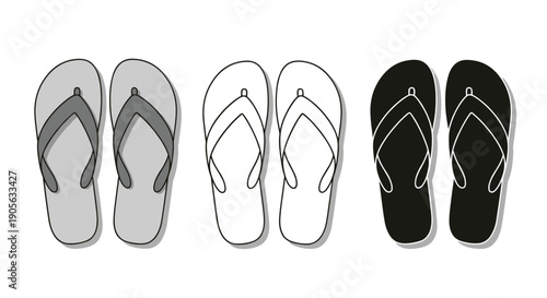 Minimalist flip flop sandals illustration featuring three pairs in grayscale black and white styles for summer beach and travel designs