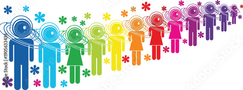 Rainbow gradient stick figure people with swirling orbital lines, colorful minimalist digital illustration, flowing movement, geometric community, white background, artistic diversity.