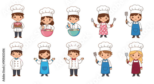 Set of eight cute cartoon young chef characters in various poses, cooking with spatulas, mixing bowls, and cakes, white background.