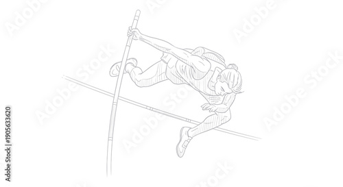 Pole vault athlete in mid-air, line art sketch, dynamic action, sports illustration