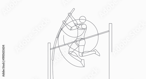 Pole vault athlete jumping over bar, line art illustration