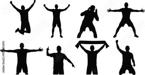 Set of eight black male silhouettes in energetic celebratory poses featuring jumping shouting and victory gestures for sports and success concepts
