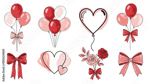 Collection of charming hand drawn valentine elements including red and pink balloons heart shapes decorative bows and romantic rose floral arrangements