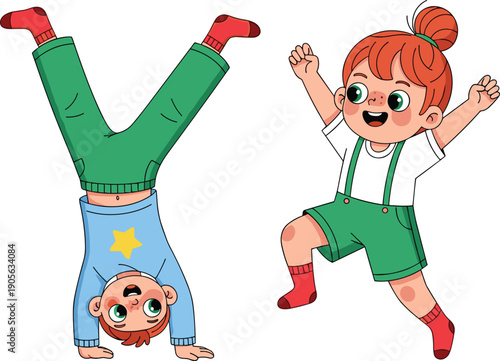 Two playful children in energetic poses featuring a boy doing a handstand and a girl jumping for joy in cartoon style