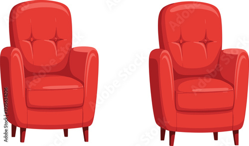 Red Armchair Vector Illustration Set with Upholstered Living Room Chairs in Front View for Modern Interior and Furniture Design