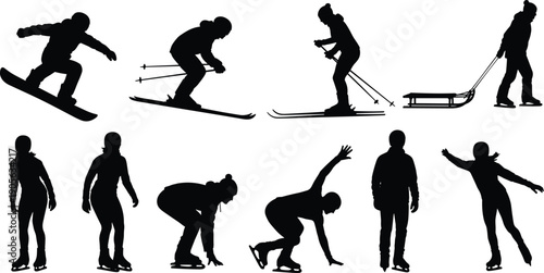 Winter sports silhouettes set, featuring skiing, snowboarding, ice skating, and sledding icons, isolated black and white vector athletes, seasonal activity graphics.