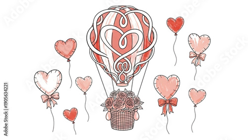 Romantic illustration featuring a large heart shaped hot air balloon carrying a basket overflowing with pink roses and surrounded by floating heart balloons
