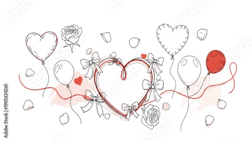 Elegant line art border frame featuring a central heart motif adorned with delicate bows, roses, balloons, and romantic floating petals for celebration design
