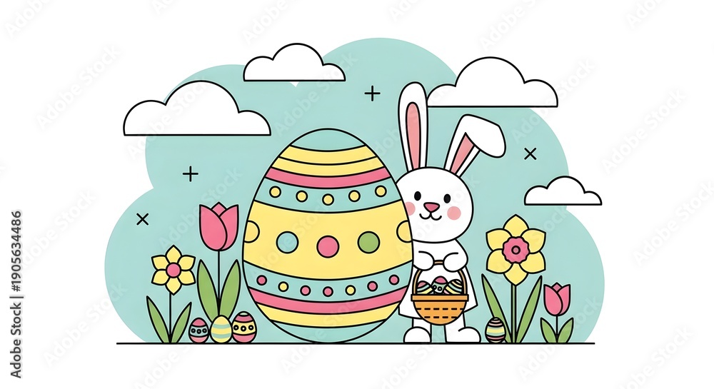 Fototapeta premium Easter bunny with decorated egg and flowers, spring holiday illustration