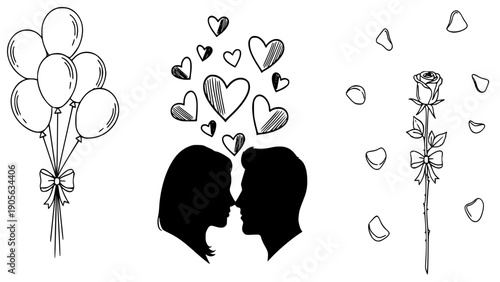 Hand drawn black and white romantic illustration elements featuring a couple's silhouette, floating hearts, celebratory balloons, and a single long-stemmed rose with scattered petals