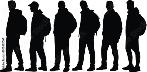 Men silhouettes standing in casual poses with backpacks, urban lifestyle, travel concept, fashion style, minimal black white illustration vector design