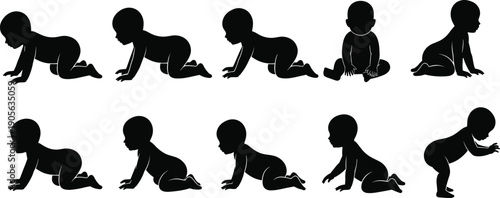 Baby Silhouette Crawling Sitting Positions Development Stages Infant Motor Skills Growth Movement Postures Black Illustration Minimalist Childhood Graphic Set