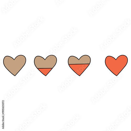 Hand-drawn cartoon set of heart-shaped life bars for video games on a white background.