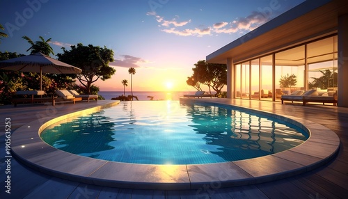 Infinity pool villa at sunset, luxurious, beachside resort, serene atmosphere