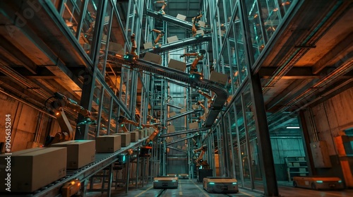 Wallpaper Mural Automated Robotic Warehouse System with Multi-Level Conveyors and Industrial Arms - Smart Logistics and Supply Chain Technology Torontodigital.ca