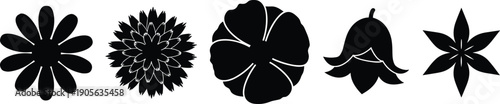 Flower Silhouette Collection Botanical Shapes Petal Variations Rounded Pointed Layered Symmetrical Minimalist Black Illustration Artistic Floral Graphic Icon Set