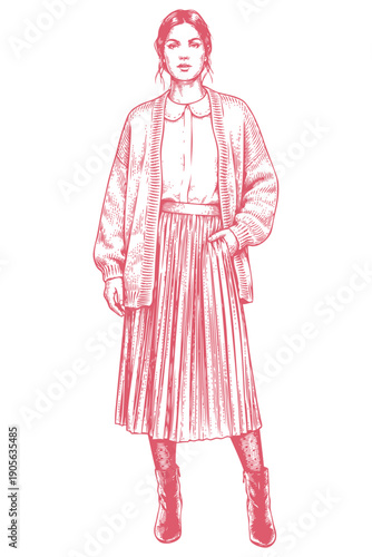 Vector illustration of a stylish young woman in a cardigan, pleated skirt, and boots. Classic vintage engraving art style, isolated on a white background.