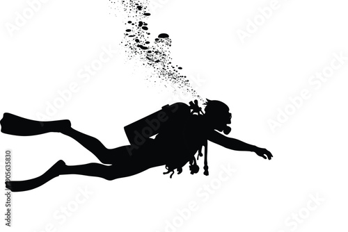 Scuba Diver Silhouette Underwater Exploration Swimming Gear Fins Tank Breathing Apparatus Bubbles Adventure Marine Activity Minimalist Black Illustration Graphic