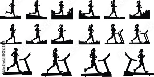Running Silhouette Collection Outdoor Jogging Grass Hills Rocky Paths Trees Indoor Treadmill Fitness Exercise Dynamic Motion Athletic Graphic Illustration Set