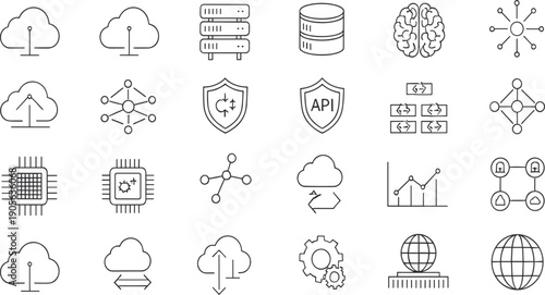 Artificial Intelligence and Cloud Technology Line Icon Vector Set with API, Data Processing, Neural Networks, Security, and Analytics Symbols for Software UI and Digital Systems