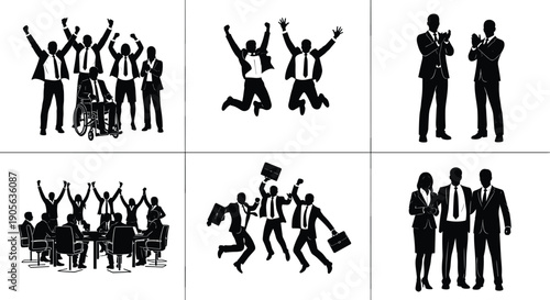 Black and white business celebration silhouettes, team success jumping, diverse corporate group, wheelchair inclusive, professional achievement grid, victory, winning, office,