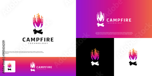Digital technology hub logo, with a bonfire concept, smart innovation, vector graphic illustration.