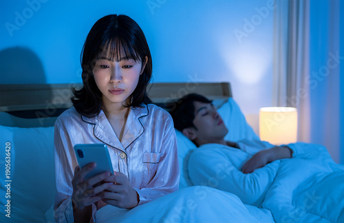 夫が寝ている間に携帯を見る妻