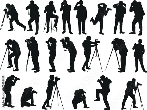 Photographer silhouettes set showing professional camera poses, photojournalism, studio and outdoor photography actions, creative people, minimal black white illustration design