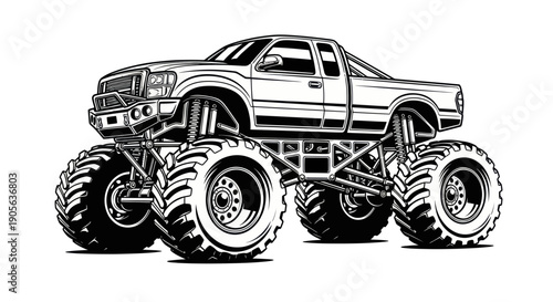 Monster Truck Line Art Illustration: Off-Road Vehicle with Huge Tires