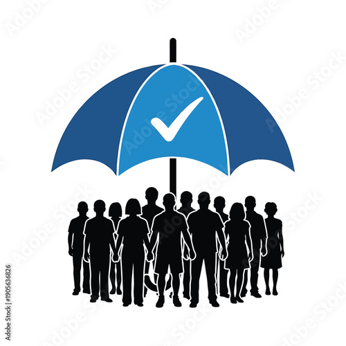 Insurance protection for a group of people under a large umbrella with a checkmark symbol ensuring safety and security