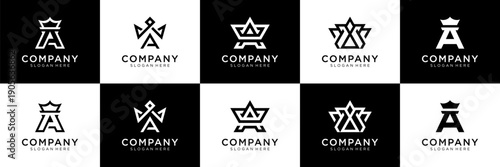 Set of initial letter A with crown logo design. Universal icon for business and branding. minimalist elegant design vector illustration.