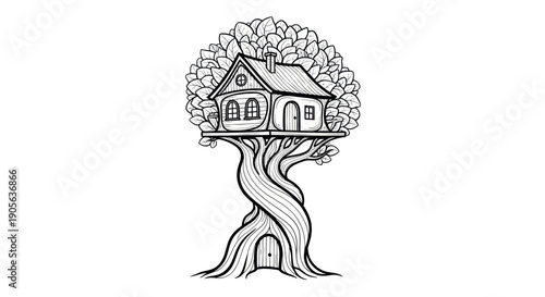 Whimsical Treehouse Illustration: Cozy Home Perched on Twisted Tree