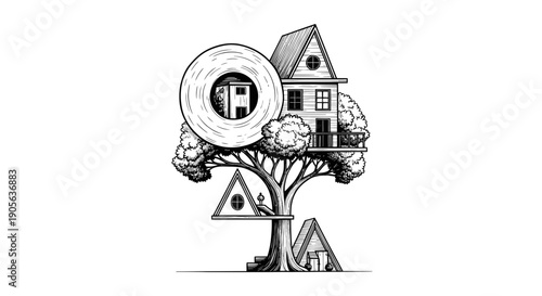 Whimsical Treehouse Village Illustration, Hand Drawn Style