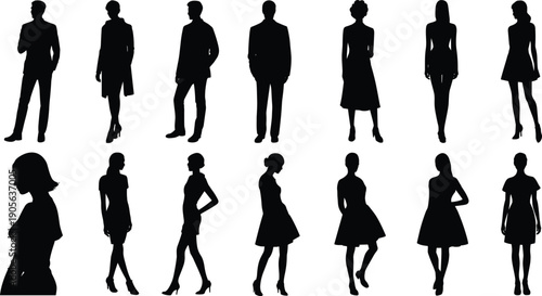 Set of black silhouettes of professional men and women in various standing poses isolated on white background for corporate design projects