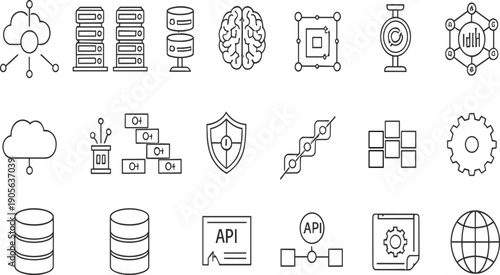 Artificial Intelligence and Cloud Technology Line Icon Vector Set with API, Data Servers, Neural Networks, Security, and System Integration Symbols for Software UI Design