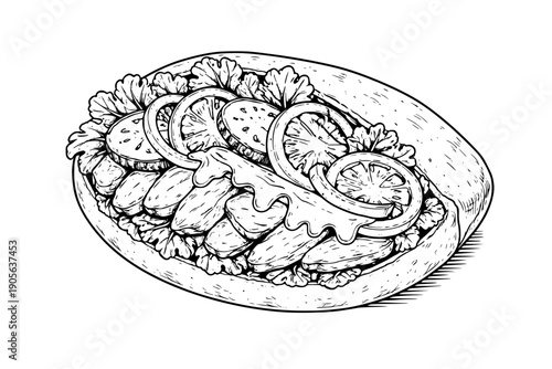 Sketch style illustration of pita sandwich with meat, vegetables and sauce. Line art food drawing in black outline for menu, street food design and restaurant branding.