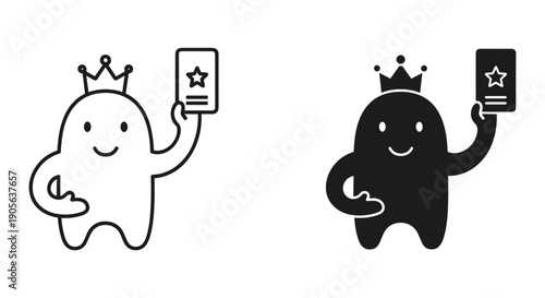 Cartoon Characters with Crowns Holding Stars on Mobile Devices in Black and White