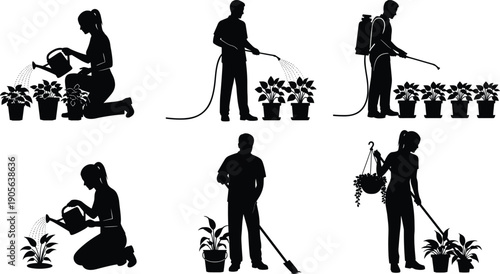 Black and white silhouette illustration set, six gardening plant care scenes grid, people watering spraying plants, minimalist garden maintenance icons,
