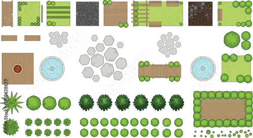 Top-Down View of Landscaped Garden with Furniture, Pathways, Water Features, Patio, Deck, Plants, and Greenery for Landscape Design and Outdoor Planning Illustration