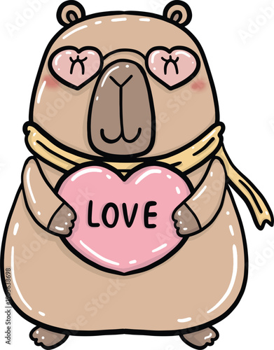 Cute Capybara Holding Love Heart, Valentine’s Day Illustration