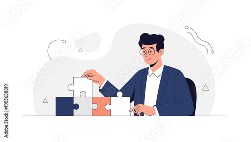 Businessman assembling puzzle pieces, teamwork concept illustration