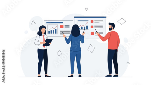 Team presenting business strategy on whiteboard, data analysis and planning