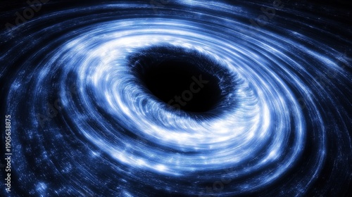 A black hole with blue and white swirls of light swirling around it, symbolizing the vastness and depth of space, against an endless dark background