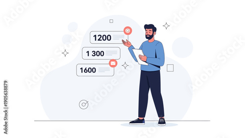 Man presenting data results on digital screens, business analytics concept