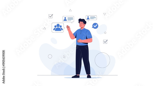 Man interacting with digital profile cards and team icons in modern flat design