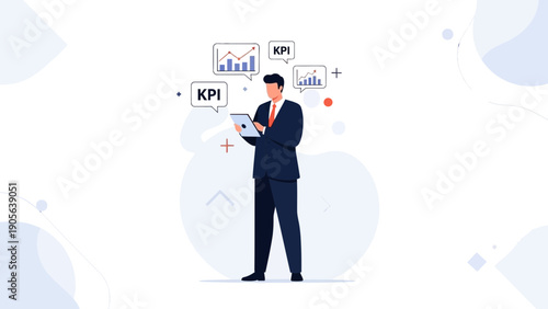 Businessman with tablet analyzing KPI data and charts, business growth concept