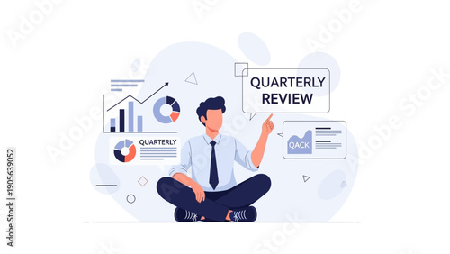 Man pointing at quarterly review graph, business analytics and data visualization concept
